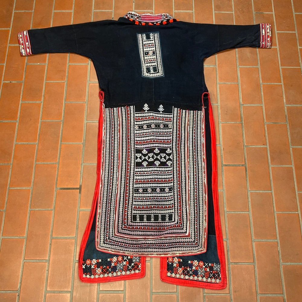 Vintage Hmong Tribal Robe Coat Indigo Hand Embroidered Long Duster Jacket Black - Picture 3 of 6